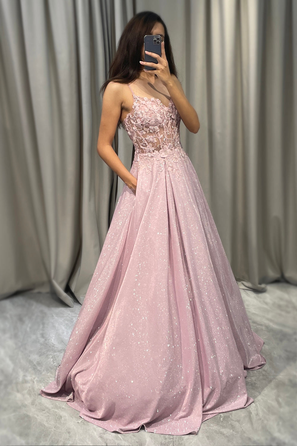 Sparkly Blush A Line Appliqued Long Corset Prom Dress