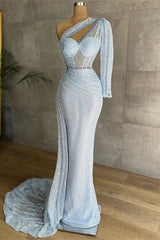 One Shoulder Sequins Mermaid Evening Dress with Long Sleeve