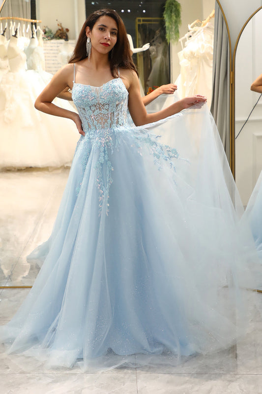 Light Blue A Line Long Corset Prom Dress With Appliques