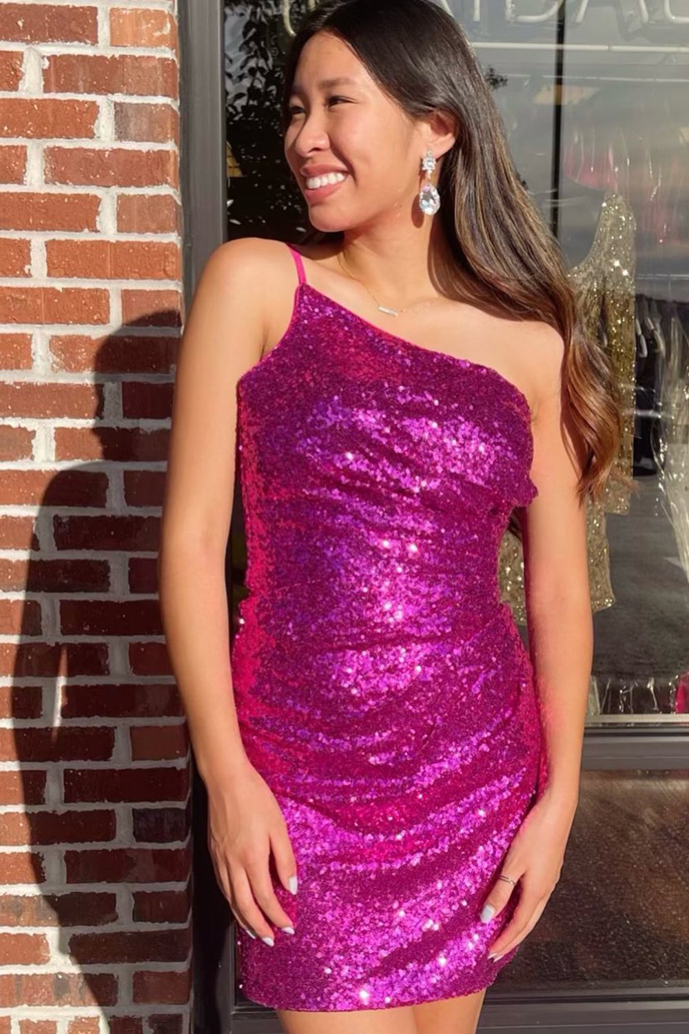 Glitter One Shoulder Tight Black Homecoming Dress