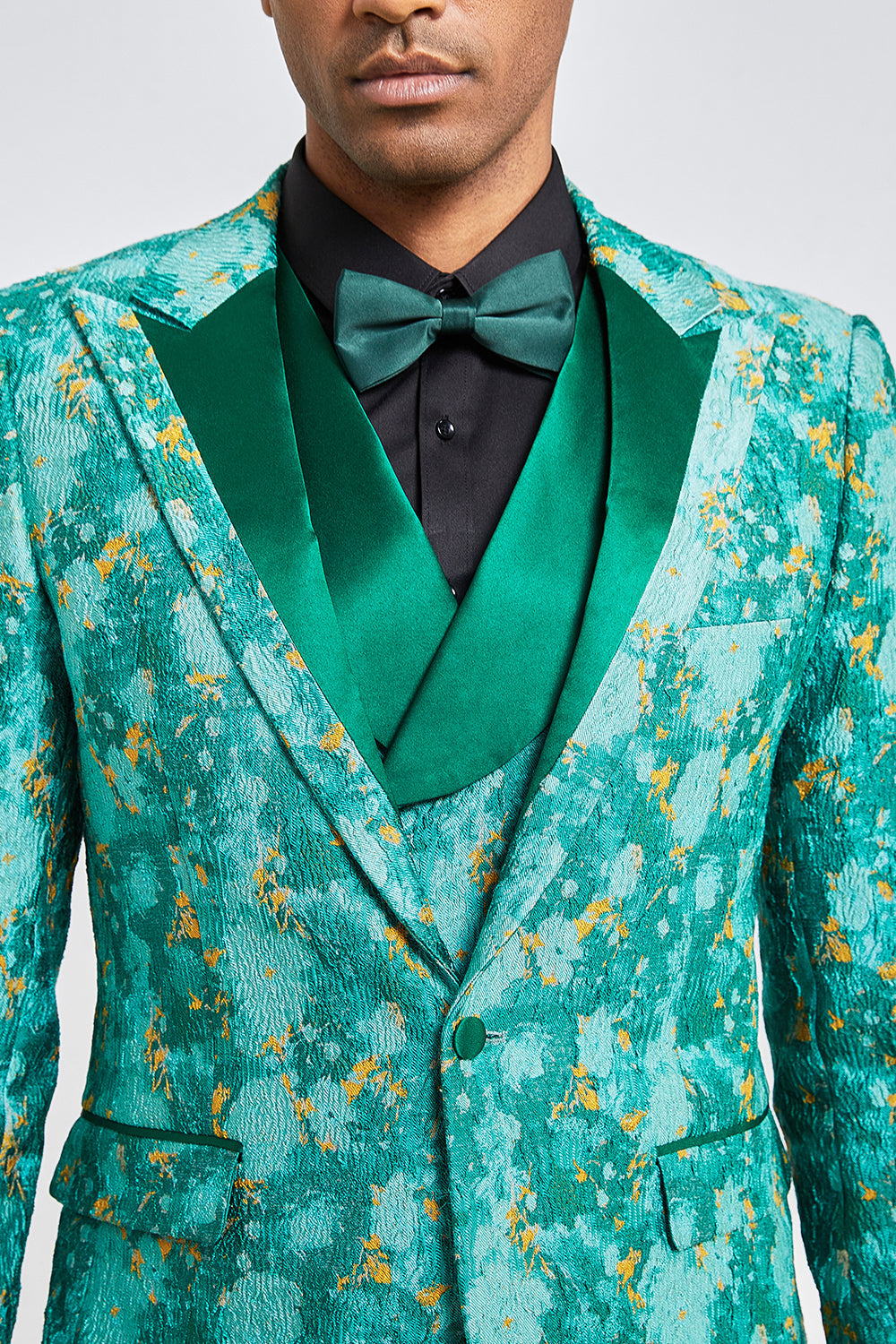 Charming Green Jacquard 3-Piece Peak Lapel Men's Prom Homecoming Suit