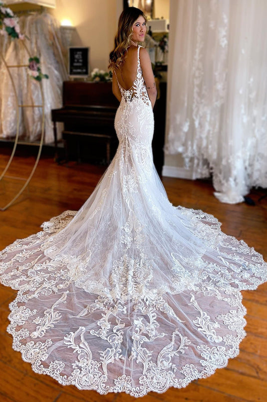 Elegant Ivory Mermaid Spaghetti Straps Backless Long Lace Wedding Dress