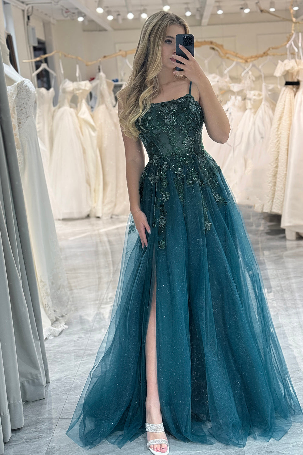 Dark Green A Line Tulle Long Appliqued Prom Dress With Slit