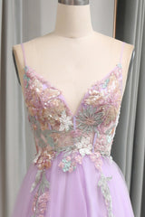 Lilac Tulle A Line Appliques Long Prom Dress With Slit