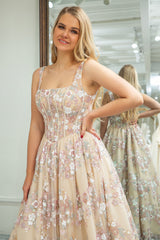 Champagne A Line Long Corset Prom Dress With Appliques