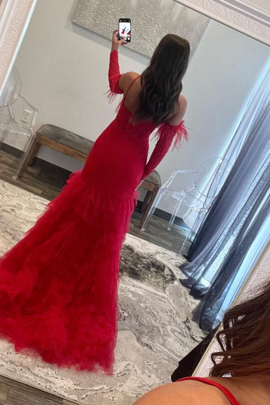 Red Mermaid One Shoulder Lace Detachle Sleeves Corset Long Prom Dress