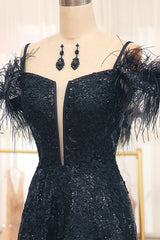 Glitter Black A Line Long Prom Dress With Feather