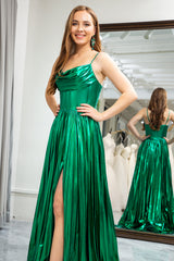 Glitter Dark Green A Line Spaghetti Straps Long Corset Prom Dress With Slit