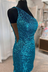 Sparkly Blue Sequined One Shoulder Tight Short Homecoming Dress