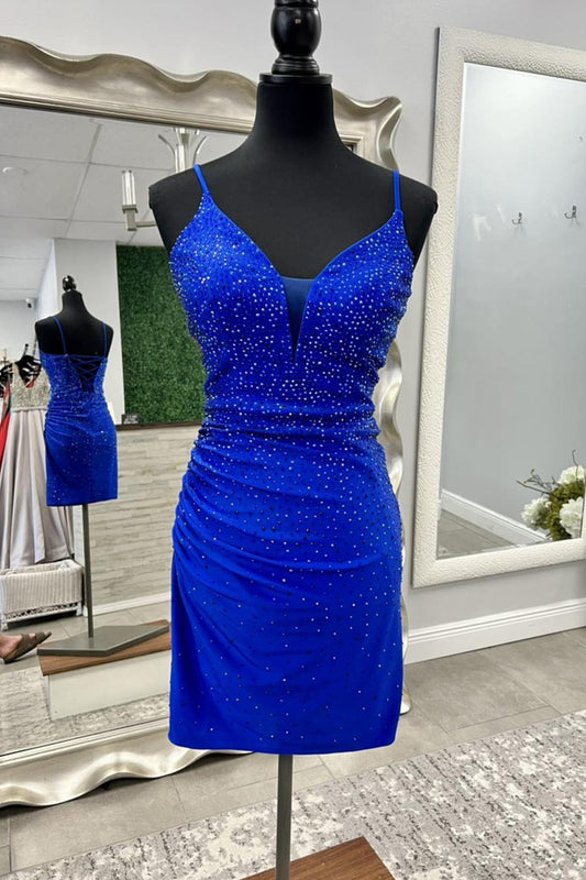 Sparkly Royal Blue Beaded Tight Short Homecoming Dress