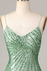 Sheath Spaghetti Straps Green Sequins Short Homecoming Dress with Criss Cross Back