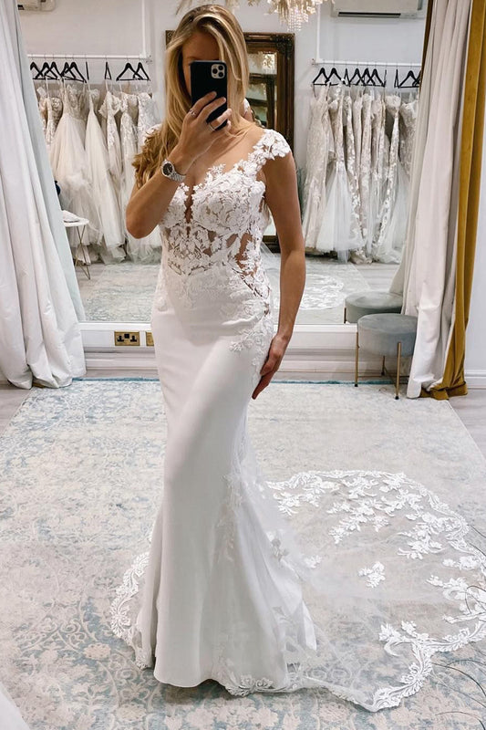 Classic White Mermaid Deep V-Neck Cap Sleeves Long Wedding Dress with Lace