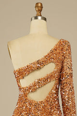 Golden Cut Out Open Back One Shoulder Sequins Homecoming Dress