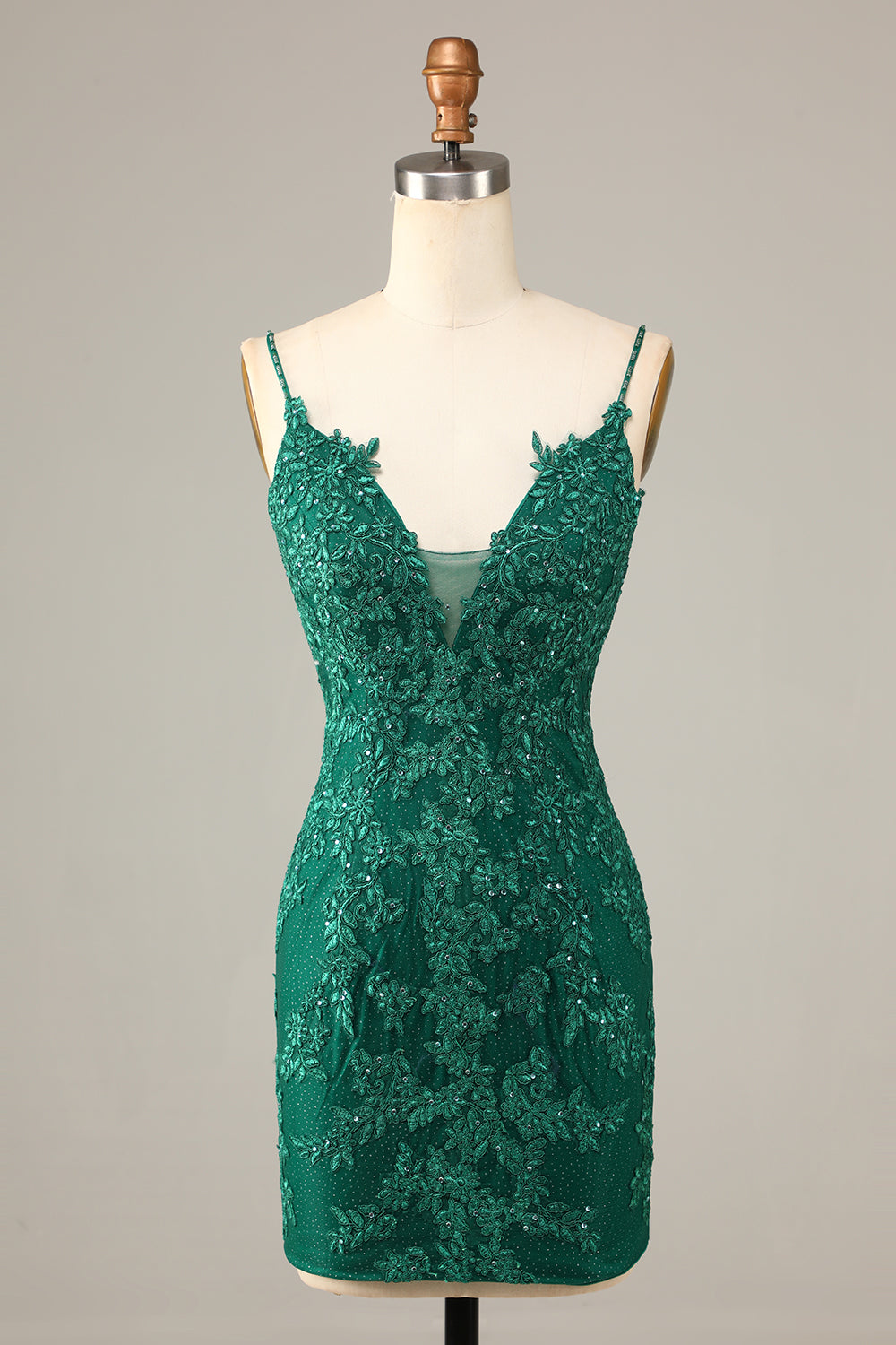 Sheath Spaghetti Straps Dark Green Short Homecoming Dress with Appliques