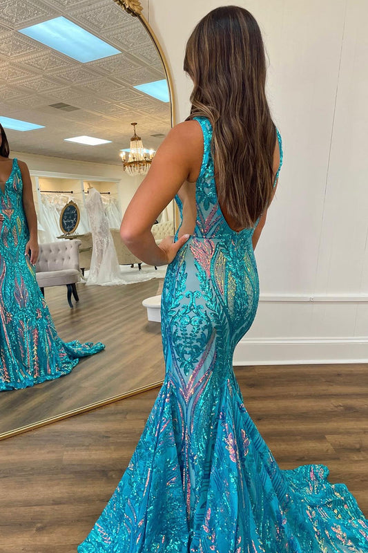 Sparkly Blue Metallic Long Backless Sequins Prom Dres with Slit