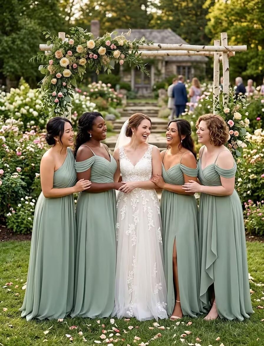 Cold Shoulder Pleated Chiffon Bridesmaid Dress with Ruffle Slit