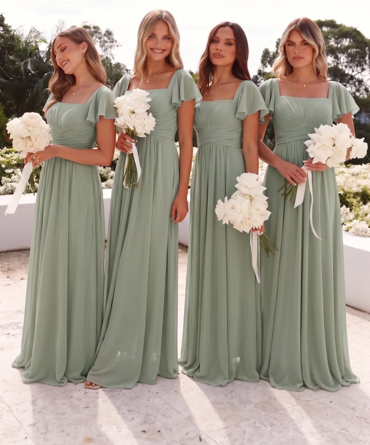 Ruched Waist Chiffon Bridesmaid Dress with Square Neck and Flutter Sleeves