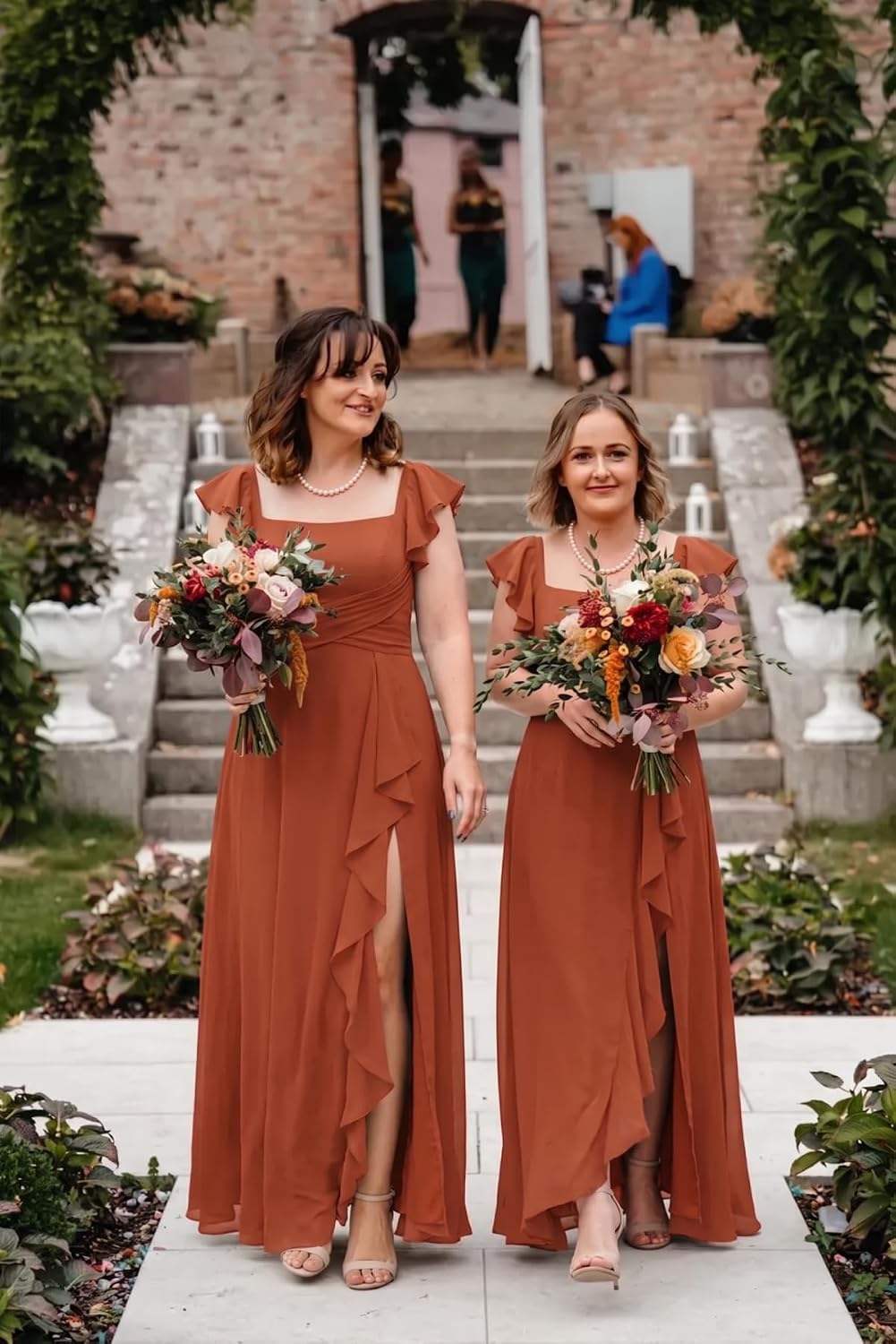 Cascading Ruffle Chiffon Bridesmaid Dress with Flutter Sleeves and Slit