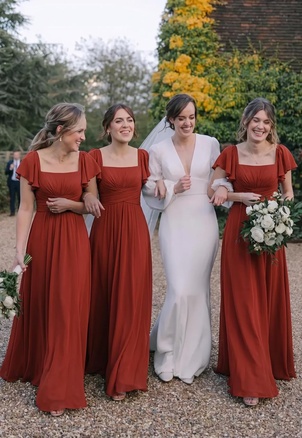 Ruched Waist Chiffon Bridesmaid Dress with Square Neck and Flutter Sleeves