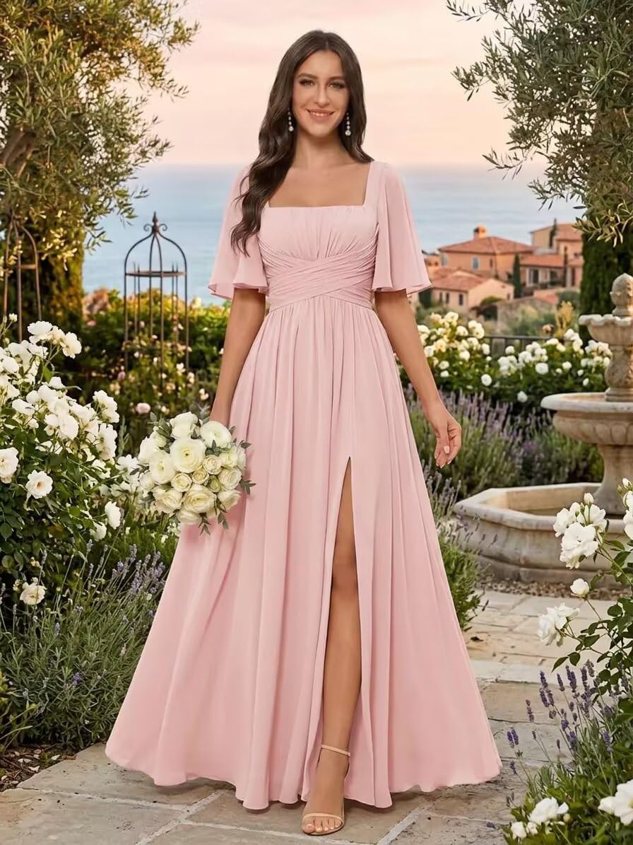Square Neck Chiffon Bridesmaid Dress with Flutter Sleeves and Slit