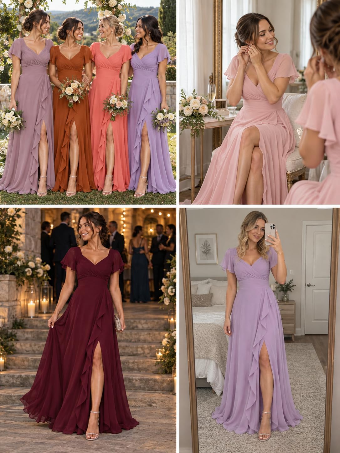 Chiffon V-Neck Bridesmaid Dress with Flutter Sleeves and Slit