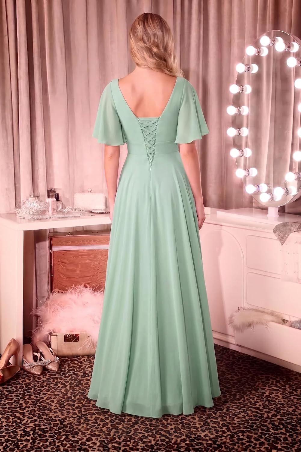 Ruched Waist Chiffon Bridesmaid Dress with Square Neck and Flutter Sleeves