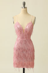 Pink Spaghetti Straps Bodycon Homecoming Dress With Feathers