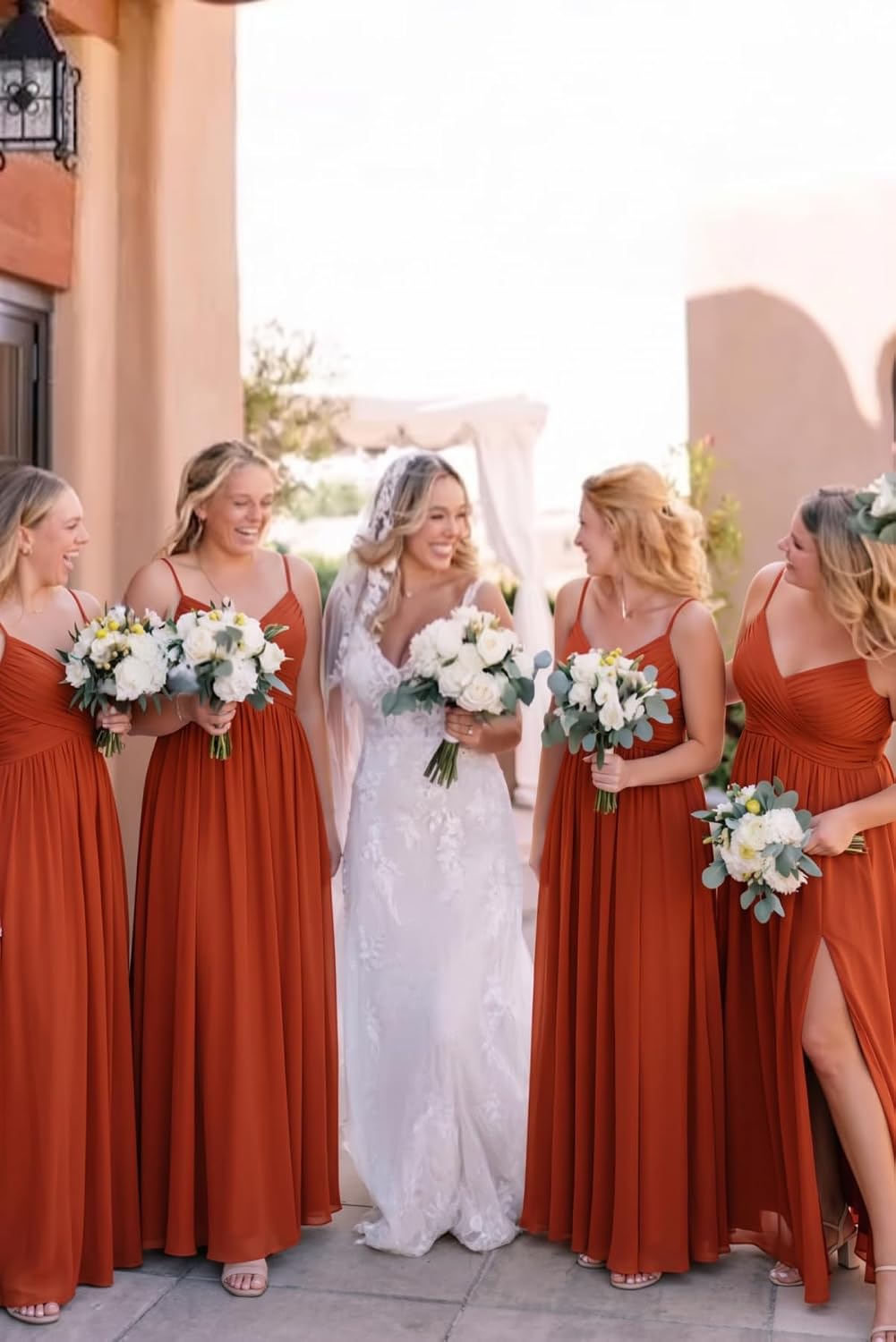 Spaghetti Strap Pleated Chiffon Bridesmaid Dress with V-Neck and Slit