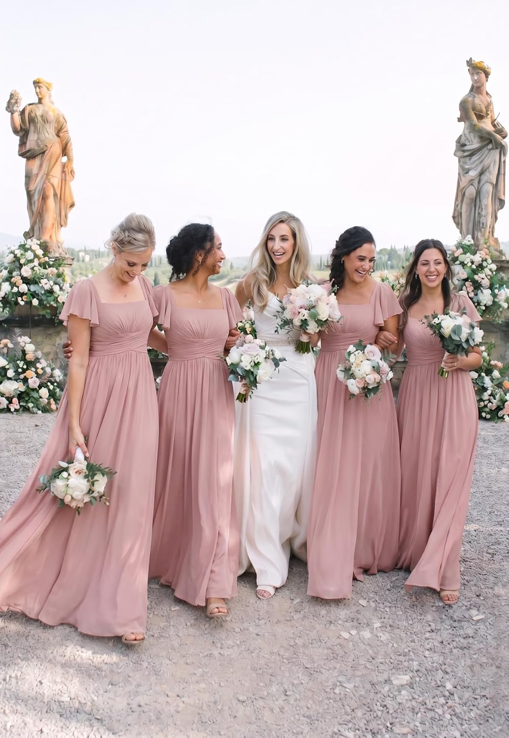 Ruched Waist Chiffon Bridesmaid Dress with Square Neck and Flutter Sleeves