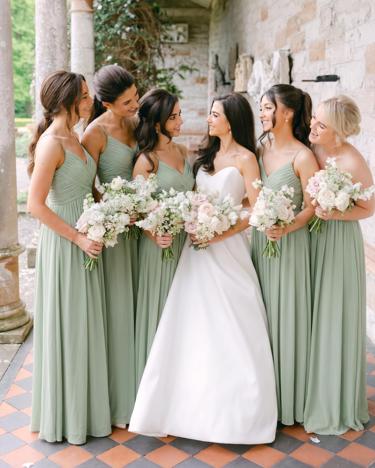 Spaghetti Strap Pleated Chiffon Bridesmaid Dress with V-Neck and Slit