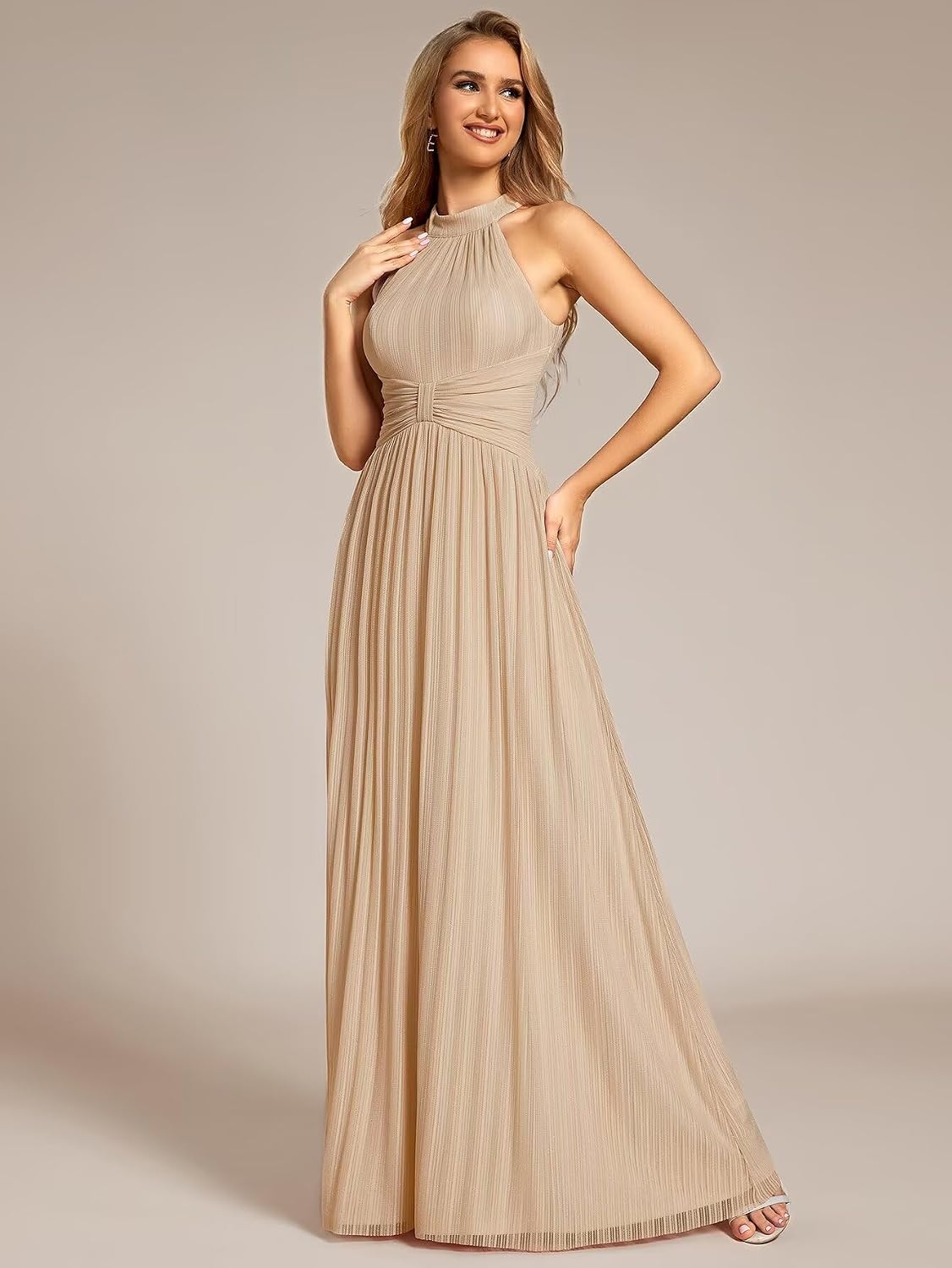 Glitter Chiffon Halter Bridesmaid Dress with Pleated Empire Waist