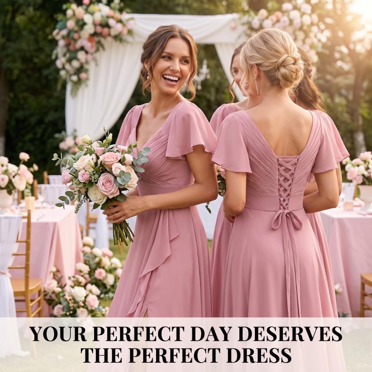 Chiffon V-Neck Bridesmaid Dress with Flutter Sleeves and Slit
