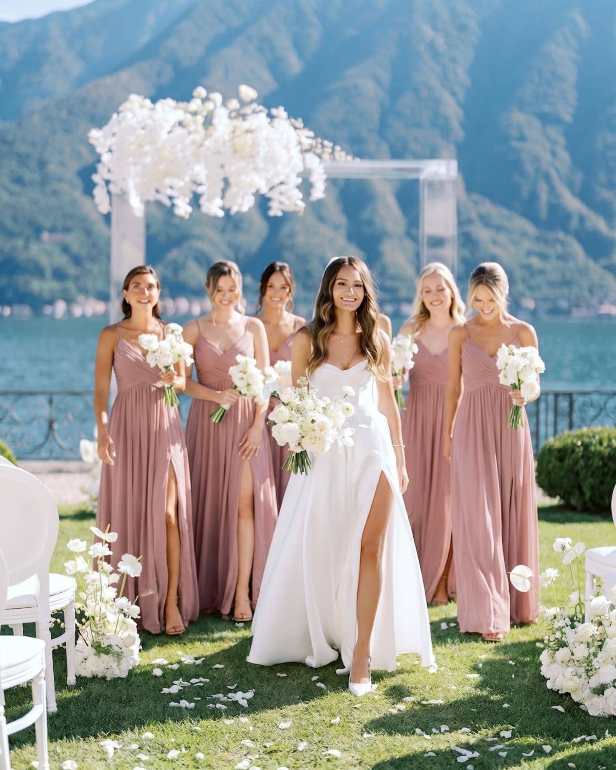 Spaghetti Strap Pleated Chiffon Bridesmaid Dress with V-Neck and Slit