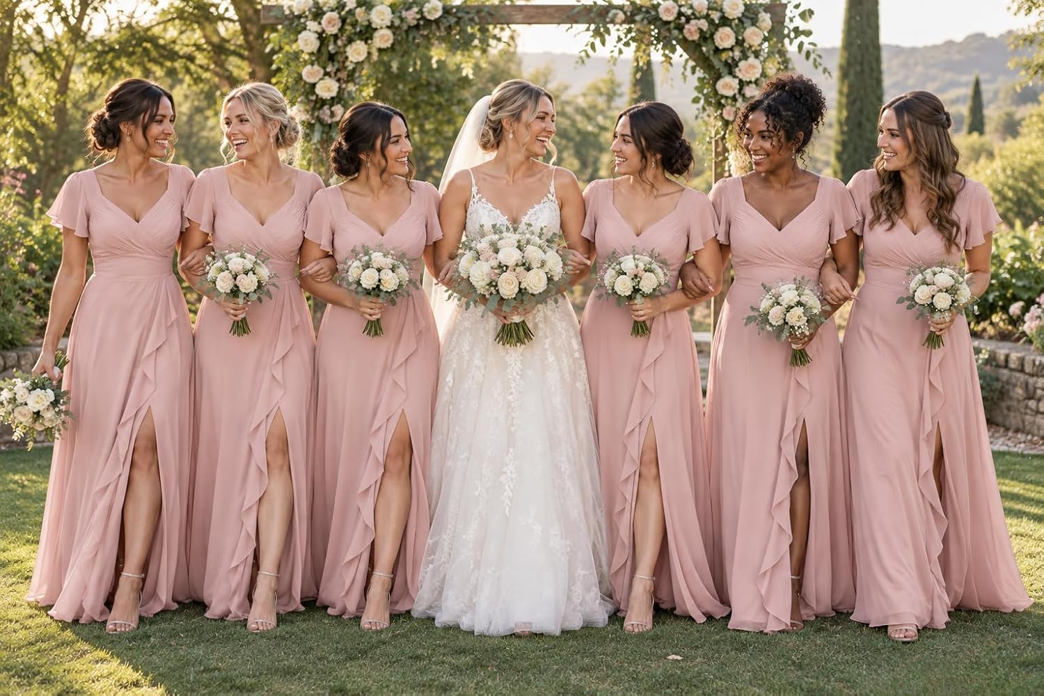 Chiffon V-Neck Bridesmaid Dress with Flutter Sleeves and Slit