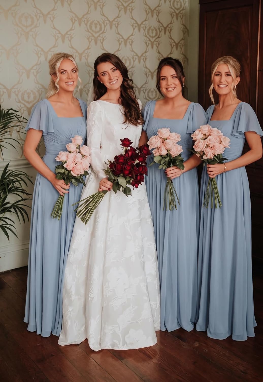 Ruched Waist Chiffon Bridesmaid Dress with Square Neck and Flutter Sleeves