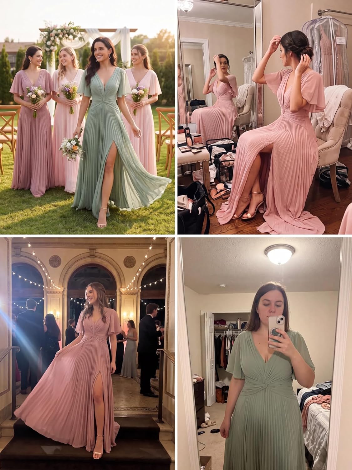 Twist-Front Pleated Chiffon Bridesmaid Dress with Flutter Sleeves