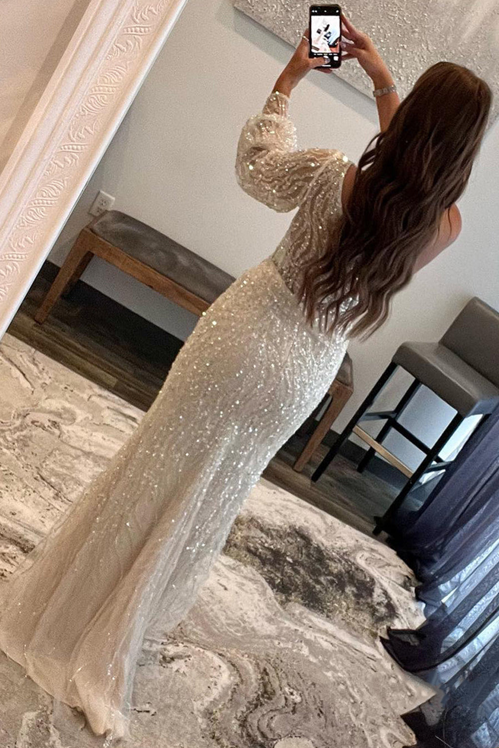 White Sequins One Shoulder Prom Dress with Slit