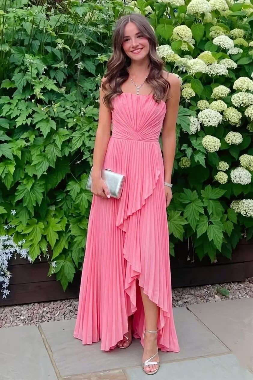 Strapless Chiffon Evening Dress with Pleats and Cascading Ruffle Hem