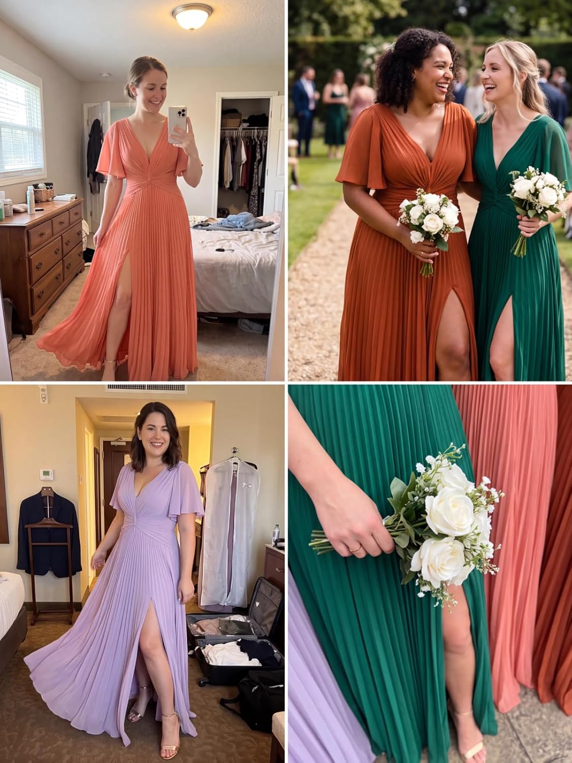 Twist-Front Pleated Chiffon Bridesmaid Dress with Flutter Sleeves