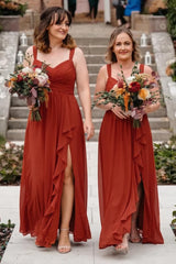 Sweetheart Chiffon Bridesmaid Dress with Pleated Bodice and Ruffle Slit