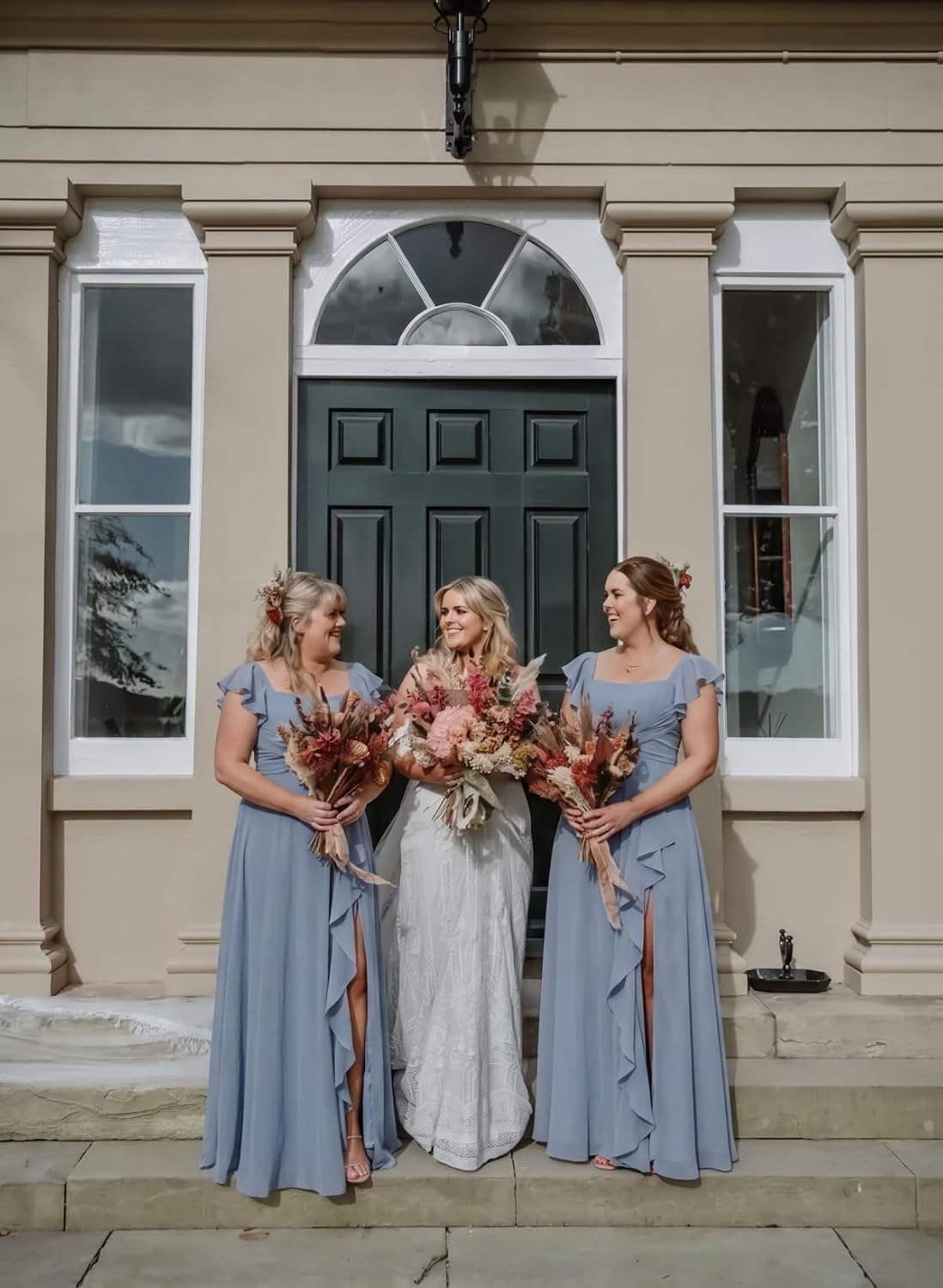 Cascading Ruffle Chiffon Bridesmaid Dress with Flutter Sleeves and Slit