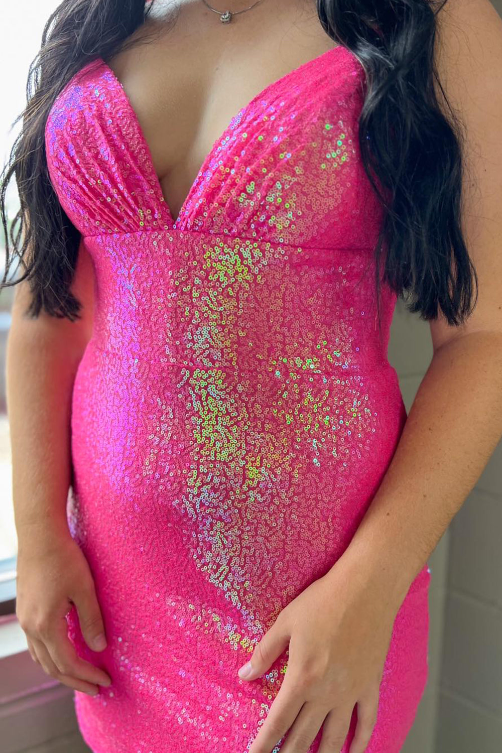 Sparkly Fuchsia Sequins Backless Tight Short Homecoming Dress