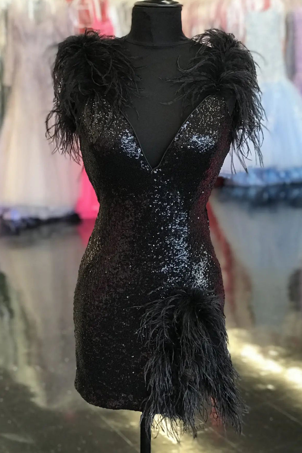 Sparkly Black Sequins Tight Short Homecoming Dress with Feathers