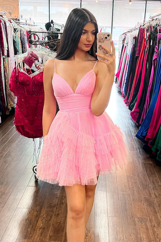 Glitter Pink Tulle A-Line Short Ruffled Homecoming Dress