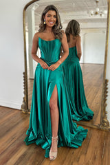 Dark Green Corset A-Line Satin Long Prom Dress with Slit