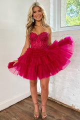 Sparkly Pink Corset Tiered Short A-Line Tulle Homecoming Dress with Lace