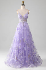 Elegant Purple A Line Tulle Long Appliqued Prom Dress