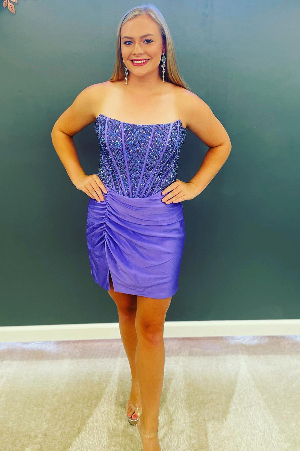 Royal Blue Strapless Beaded Tight Homecoming Dress