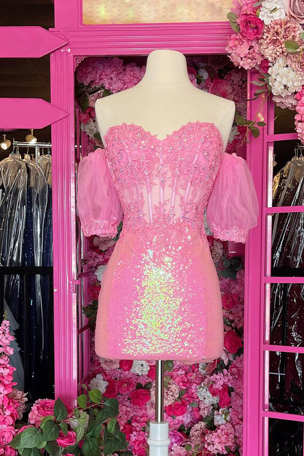 Sparkly Pink Corset Detachable Short Sleeves Sequins Tight Short Homecoming Dress with Lace