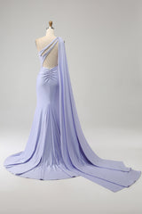 Sparkly Lilac One Shoulder Watteau Train Long Prom Dress with Slit